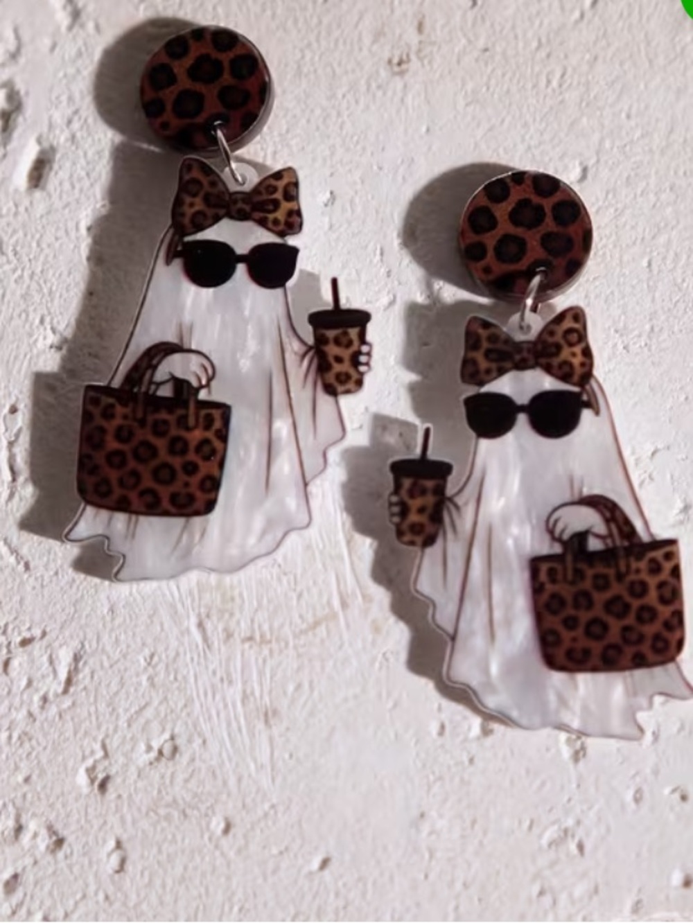 Halloween Leopard Print Acrylic Ghost Pierced Earrings - Picture 2 of 5
